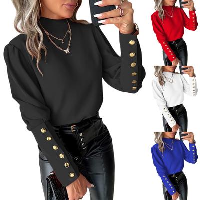 Damen Lässig Sexy Rückenfrei Knopf Langarm Einfarbig Spitze Rundhals Shirt