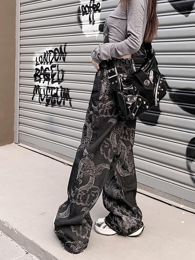 Blugi largi unisex cu imprimeu dragon și margine brută