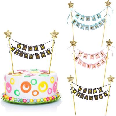 Happy Birthday Cake Flags DIY Gold Stars Bunting Banner Kids Adults Baking Decoration Baby Shower Party Supplies
