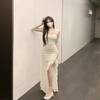 Fille Épicée Douce Vent de Désir Pur Manches Xiaofei Fente Robe à Bretelles Femme Été Taille Mince Maille Irrégulière Robe