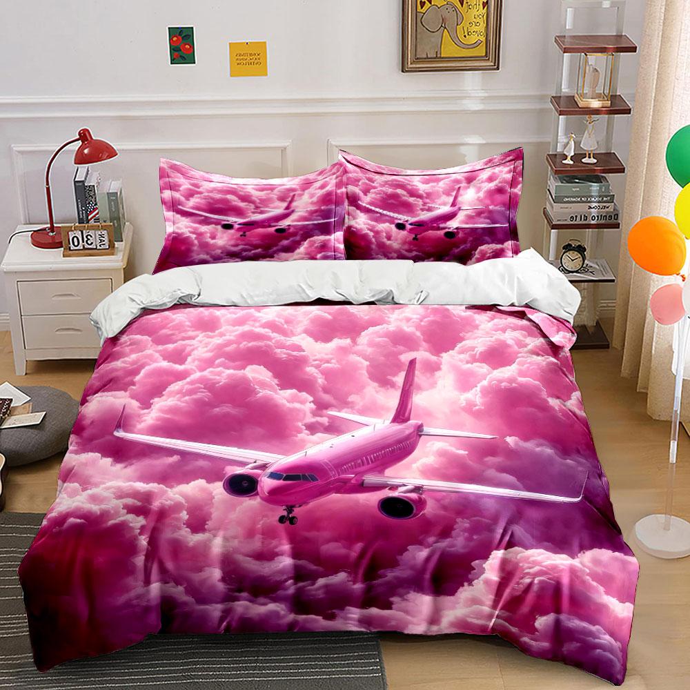"Pink Airplane Cloud Decor Set" Bedding Set with 1 Duvet Cover 2 Pillowcases Single Double King Queen, Gift