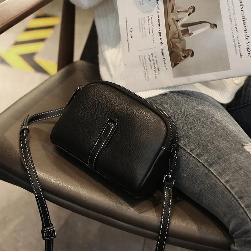 Genuine Cowhide Leather Crossbody Small Bag for Women - Compact Phe Purse, Adjustable Shoulder Strap, Summer Lightweight Bag