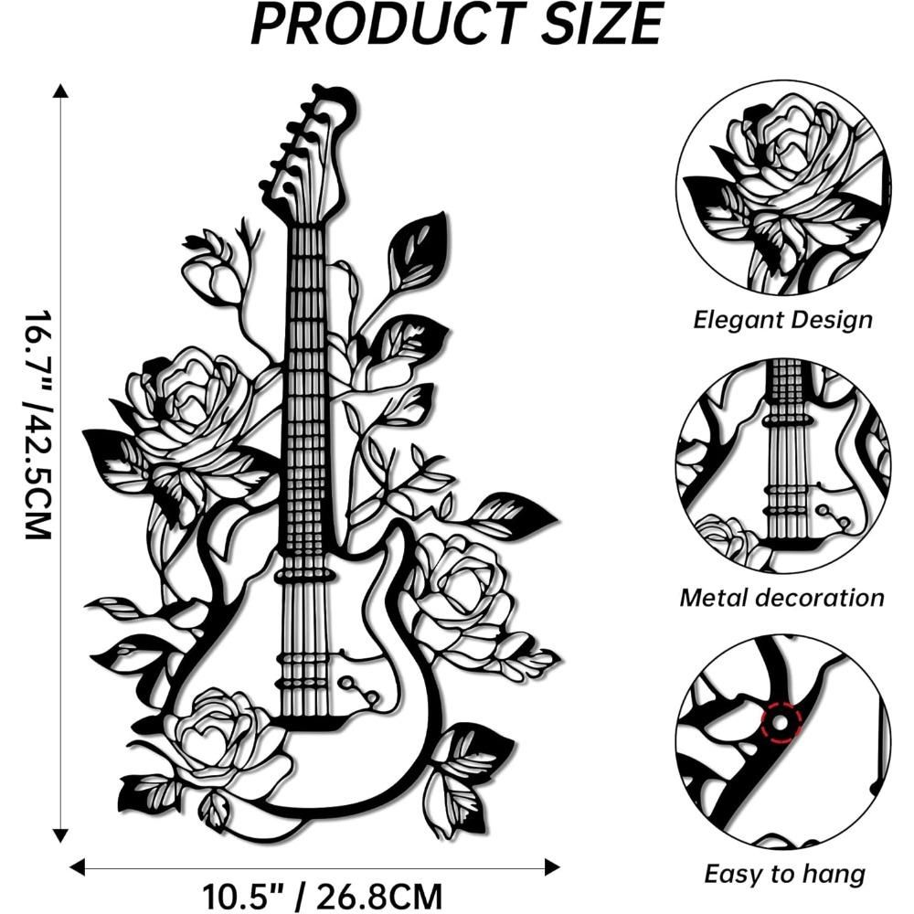 Metal Guitar Wall Art Sculpture for Home Decor, Music Theme Metal Wall Decor, Rustproof Metal Art for Indoor Outdoor, Unique Gift for Music Lovers 16.7L x 10.6W