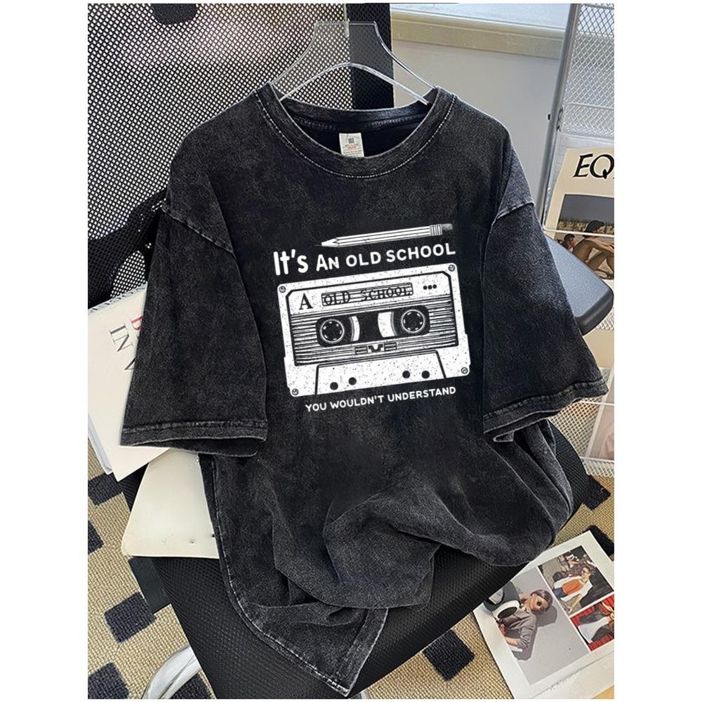 Men's Summer Black Casual Printed Round-neck Retro Weathered Style Short-Sleeve Cotton Breathable