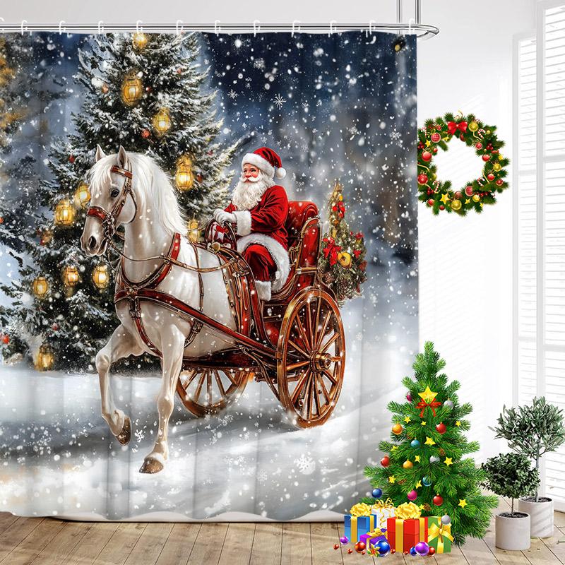 Cute Blue Snowman Shower Curtains Winter Forest Cedar Snow Mountain New Year Christmas Home Bathroom Curtain Decor With Hooks
