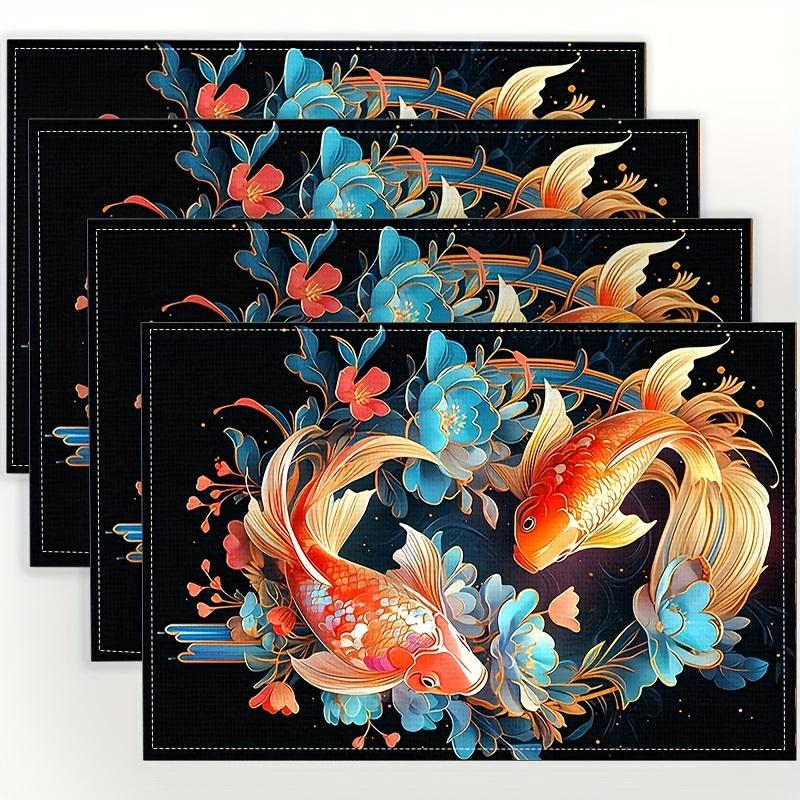 

Koi Fish Placemat Chinese Style Lotus Flower Table Mat Heat Resistant Non Slip Washable Decorative Dining Kitchen Accessory 4Pcs-30X45cm(12X18in