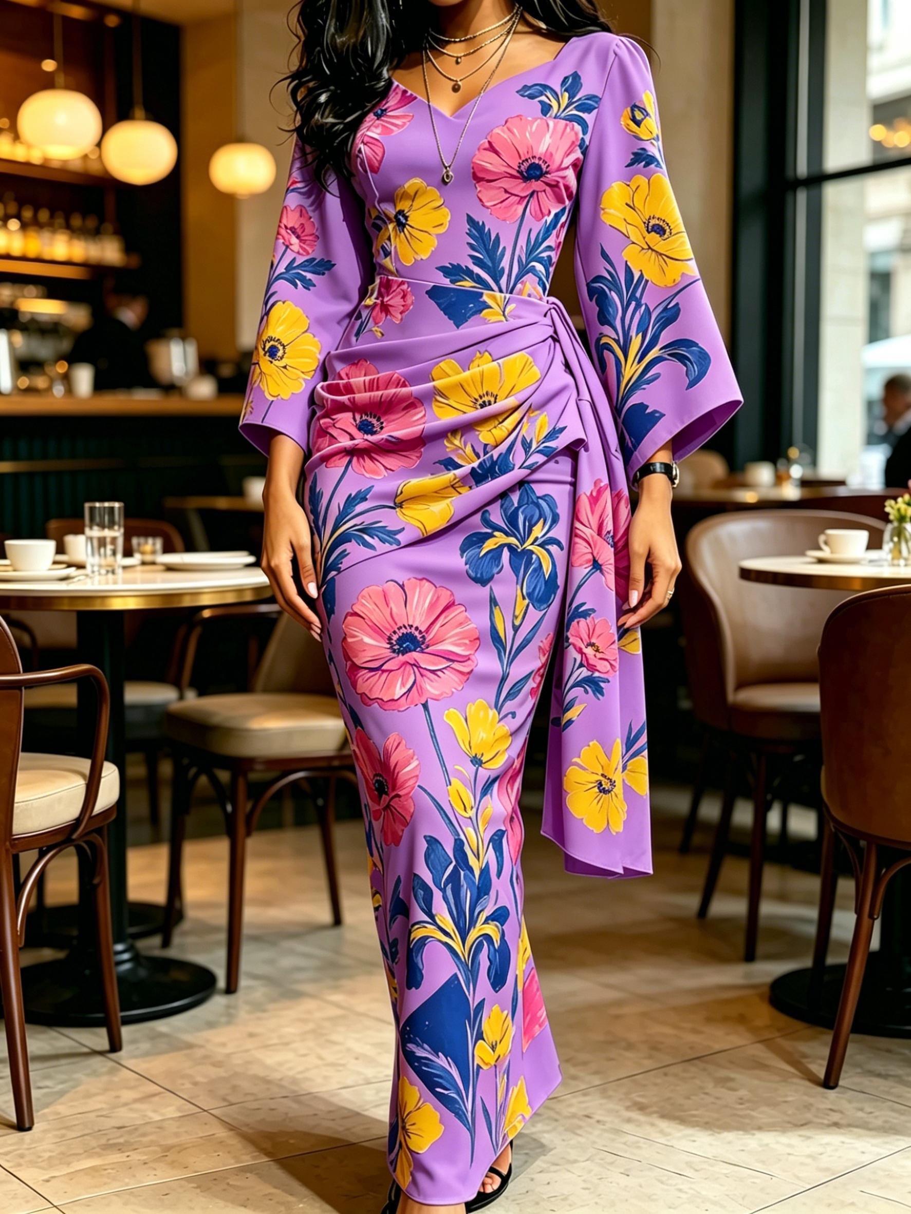 Women s Purple Multicolor Floral Print Maxi Dress V Neck Wrap Waist Flare Sleeve Party Gown XS