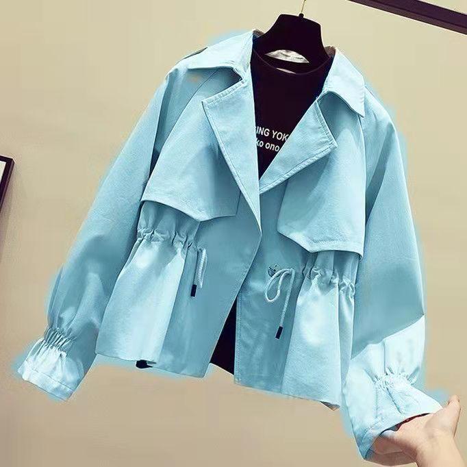

Spot Korean Short Trench Coat Women s New Autumn Coat Loose Waist Thin Small Popular Spring and Autumn XXL небо синє кольору