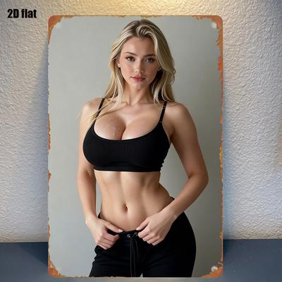 Arte da Parete in Metallo HD Splendida Donna Bionda con Lunghi Capelli Mossi che Indossa un Crop Top Nero a Coste e Pantaloni a Vita Alta con Coulisse Stan