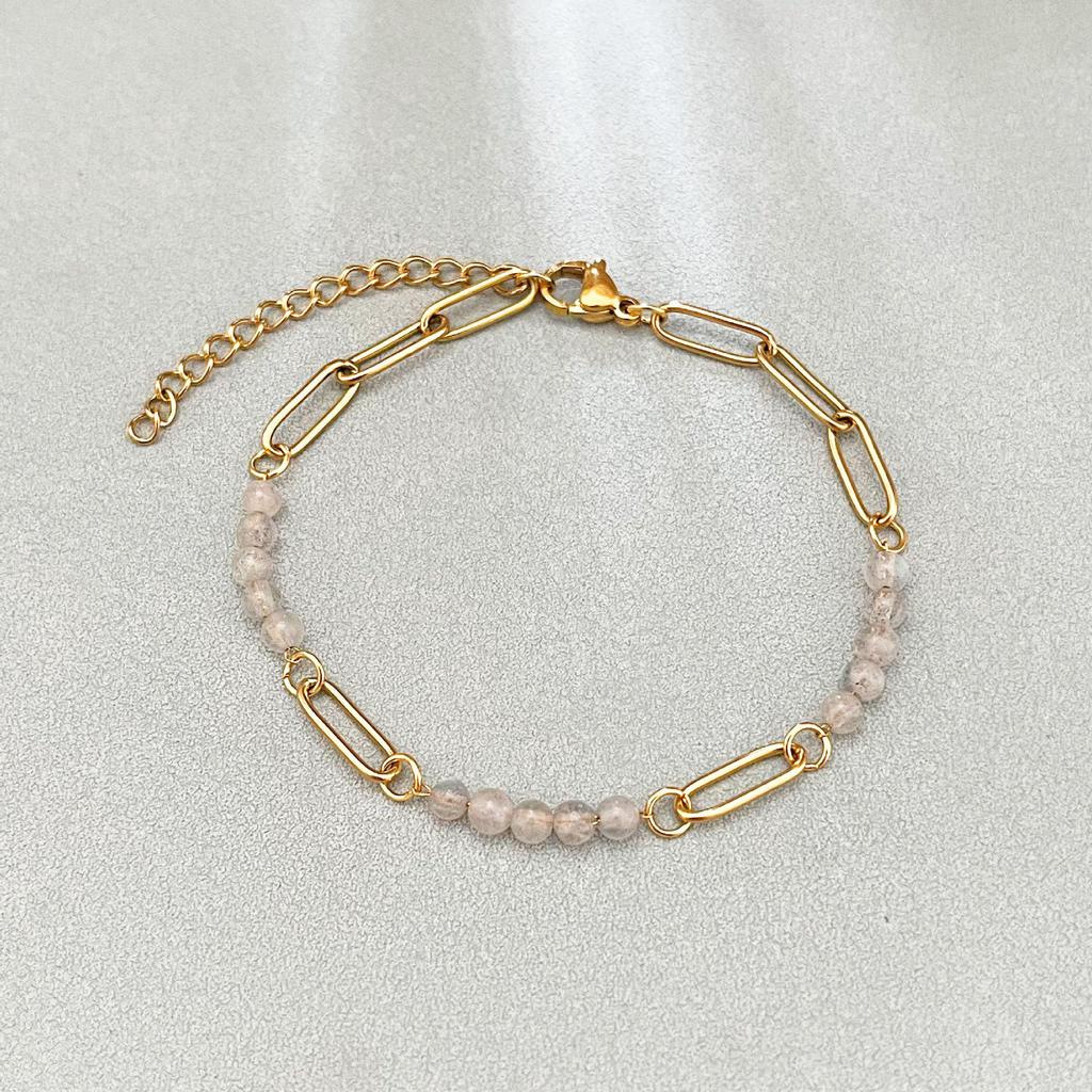 Elegant 18k Gold-Plated Stainless Steel Bracelet with Natural Stone Inlay - Trendy and Fade-Resistant for Women