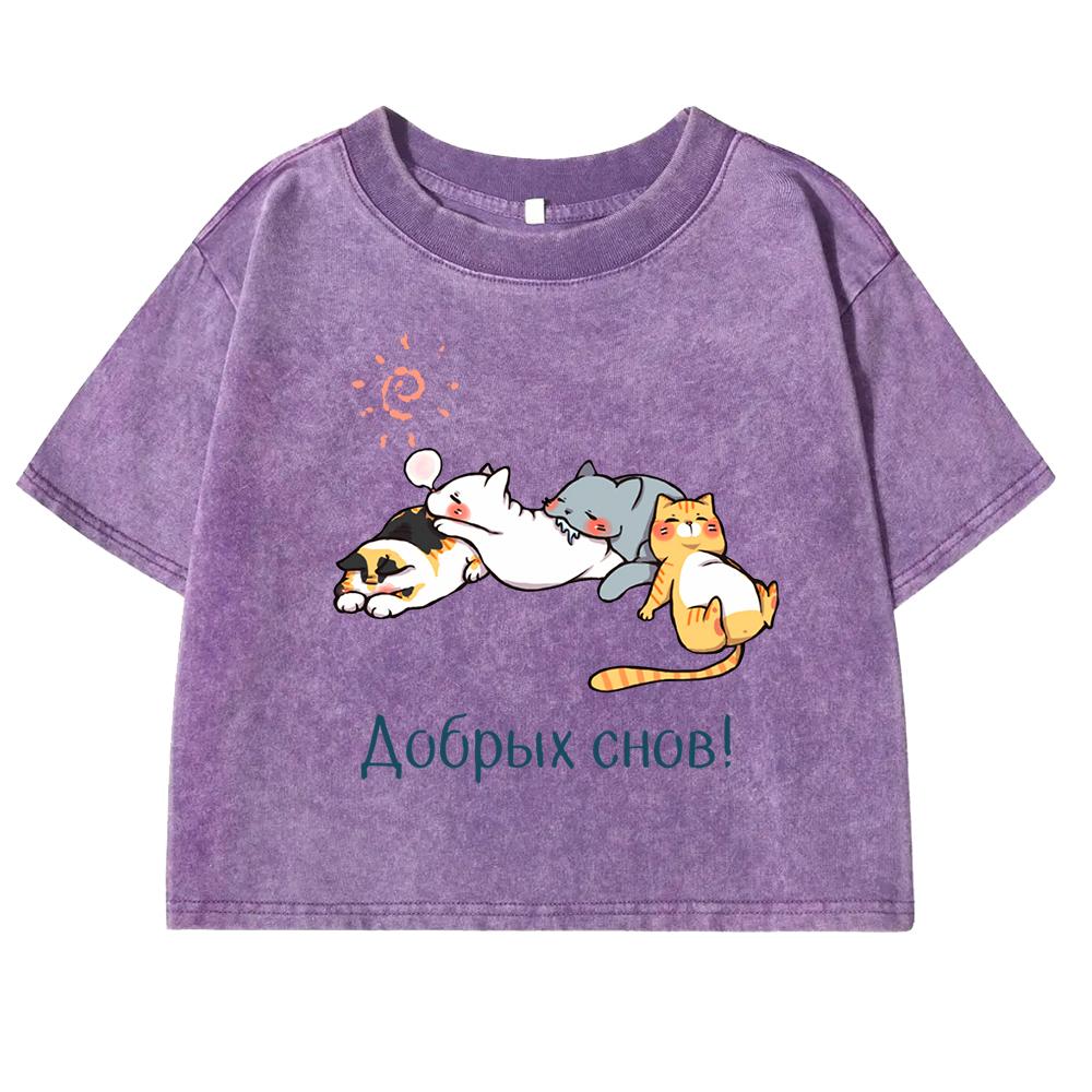 Kawaii Cartoons Cats Graphic Print Washed T Shirts Female Street Fashion T-Shirt Retro Tee Clothes Casual Cotton Top