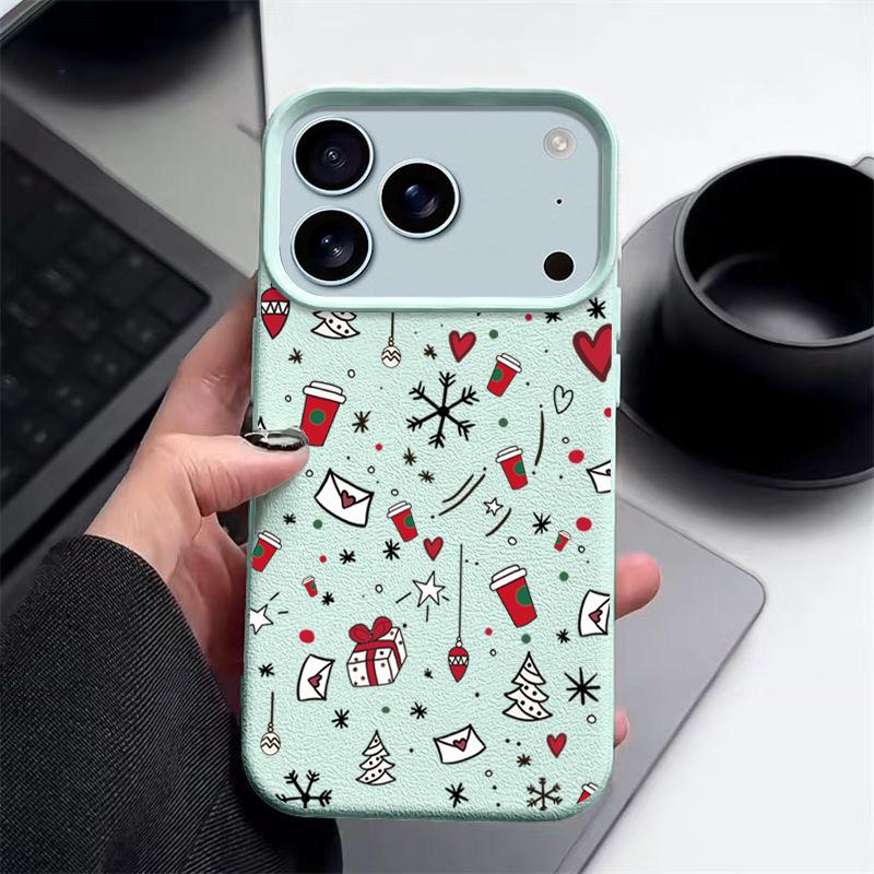 Full-Coverage Christmas Pattern iPhone Case for iPhone 17 16 15 14 Fro Max 13 Air - Festive Shockproof TPU Cover with PU Leather Texture