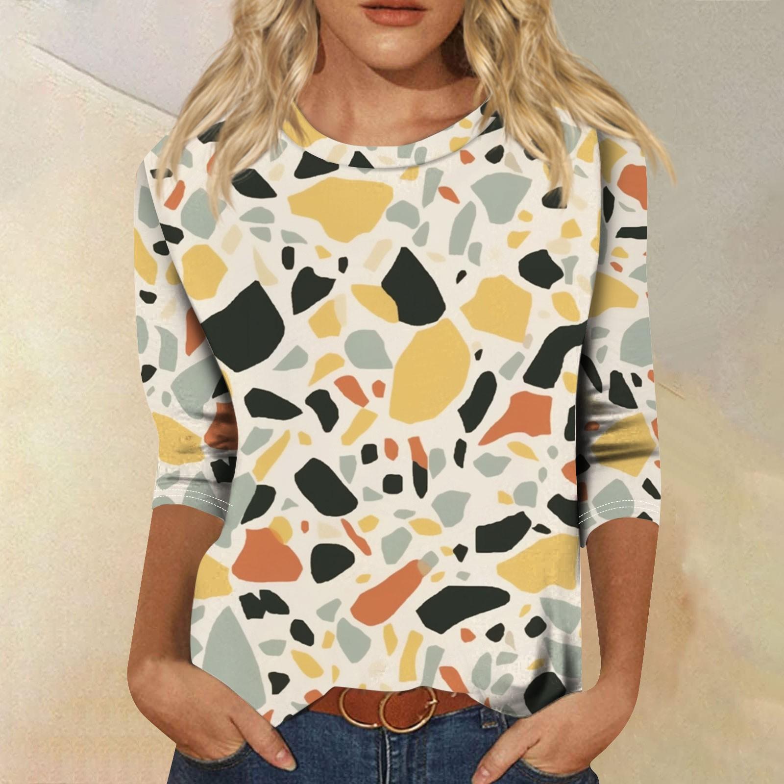 

Жіноча модна повсякденна вільна футболка з принтом і круглим вирізом з рукавом 3/4 XL жовтий