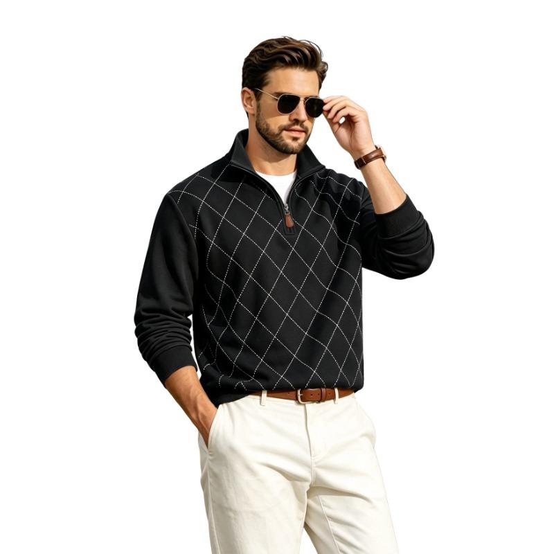 Men's Half-Zip Collared Diamond Quilted Casual Sweatshirt.