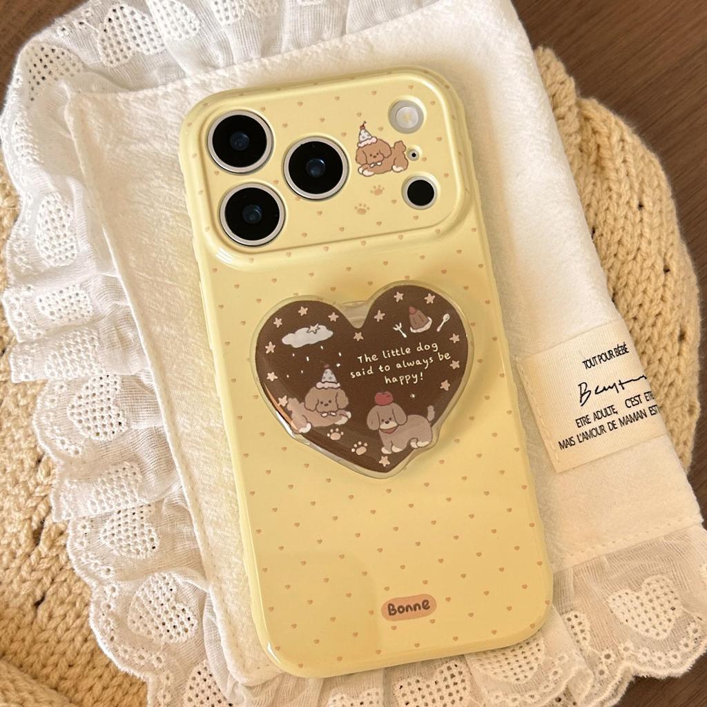 Cute Puppy Heart-Shaped Stand Phone Case for iPhone 16, iPhone 17, and iPhone 17 Pro Max