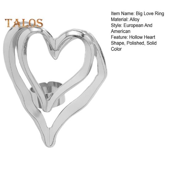 Big Love Ring Double-layered Exaggerated Style Hollow Heart Shape Solid Color Liquid Alloy Smooth Club Party Index Finger Ring Lady Jewelry
