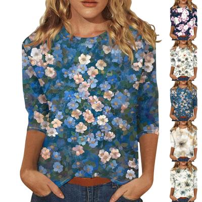 Women's Fashion Casual Three-quarter Sleeve Floral Print Round Neck Pullover Top