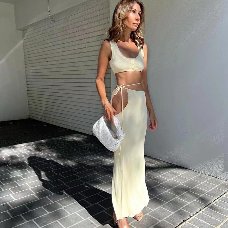 Dámské sexy soupravy na šaty bez zad Party Club Elegantní top a sukně se zapínáním na knoflíky, 2dílné soupravy bandáží