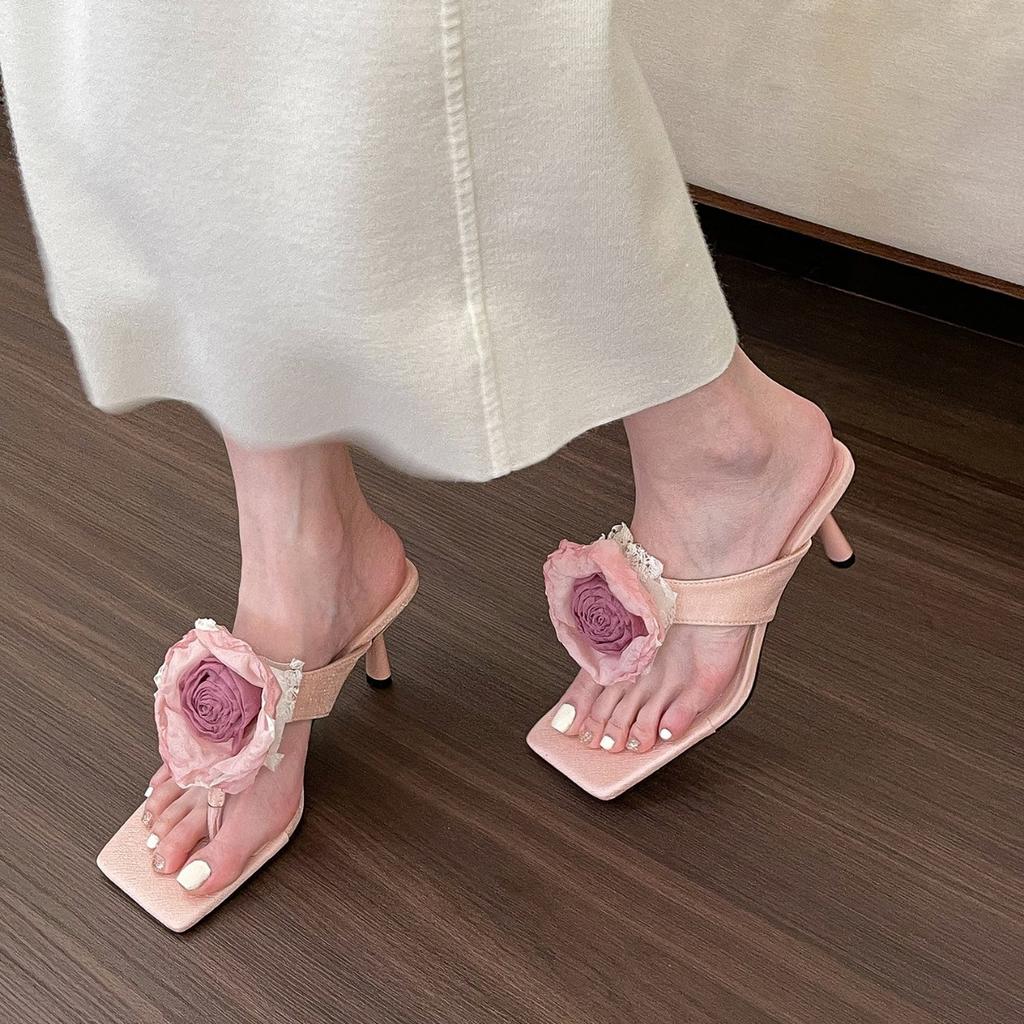 Rose rose! Chinese flower high heel sandals women spring and summer toe thin heel cool slippers women