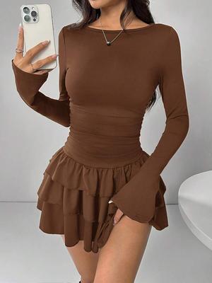 New Women's Fall Winter Solid Slim Fit Elegant Long Sleeve Dress