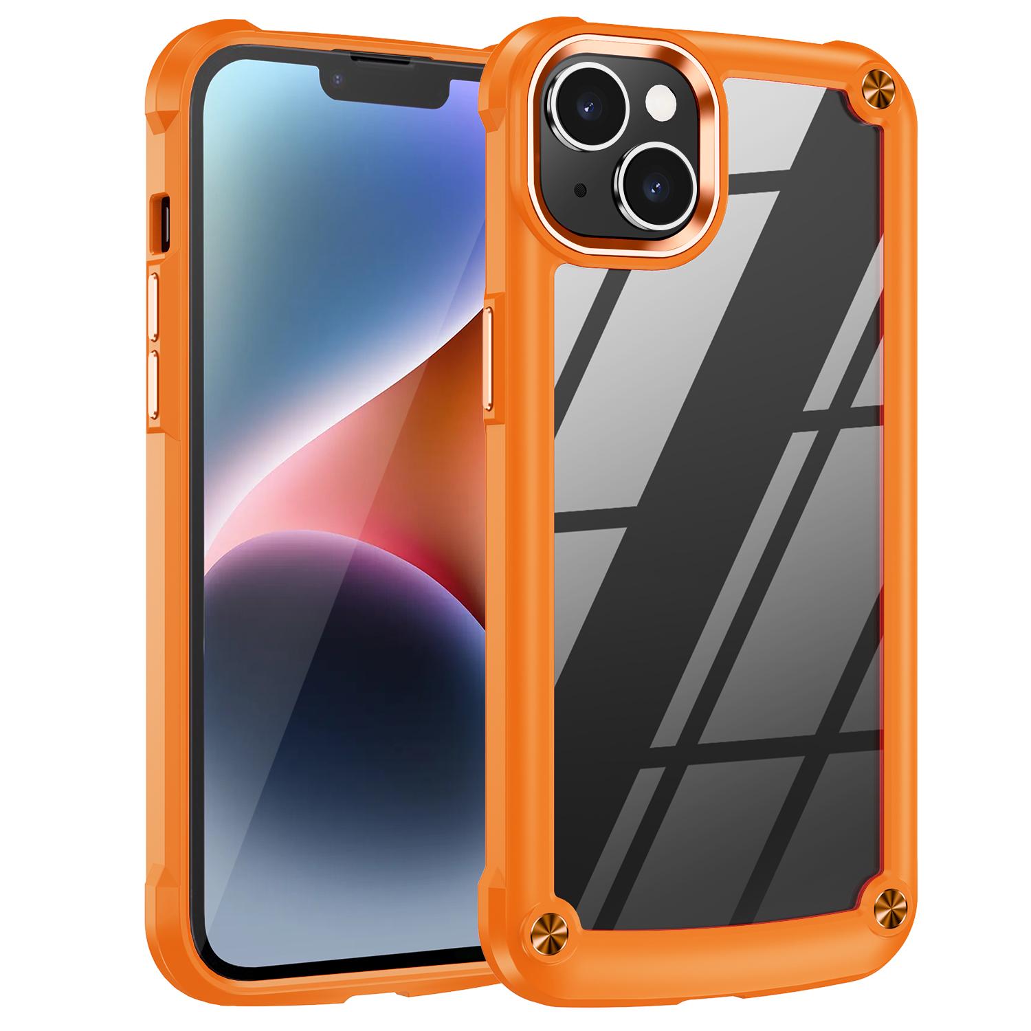 

For iPhone 15 Drop-Proof Phone Case Alloy Lens Frame PC+TPU Hybrid Back Cover Orange