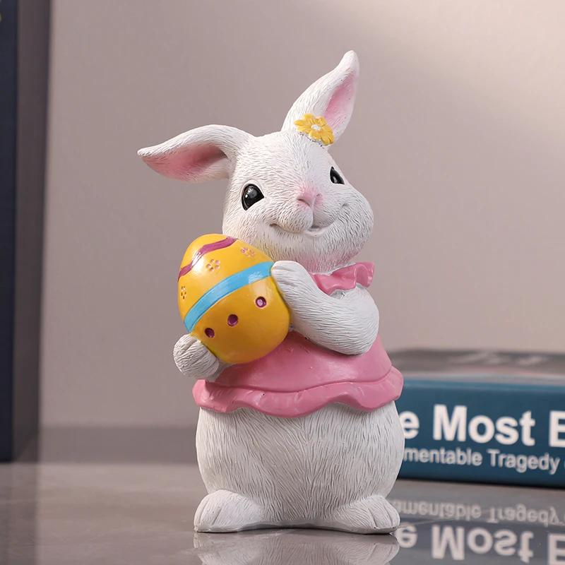 Easter Bunny Sculptures Hugging Carrots/Egg Figurines Desk Decorative Cute Rabbit Figure Creative Rabbit Figurine for Home Decor