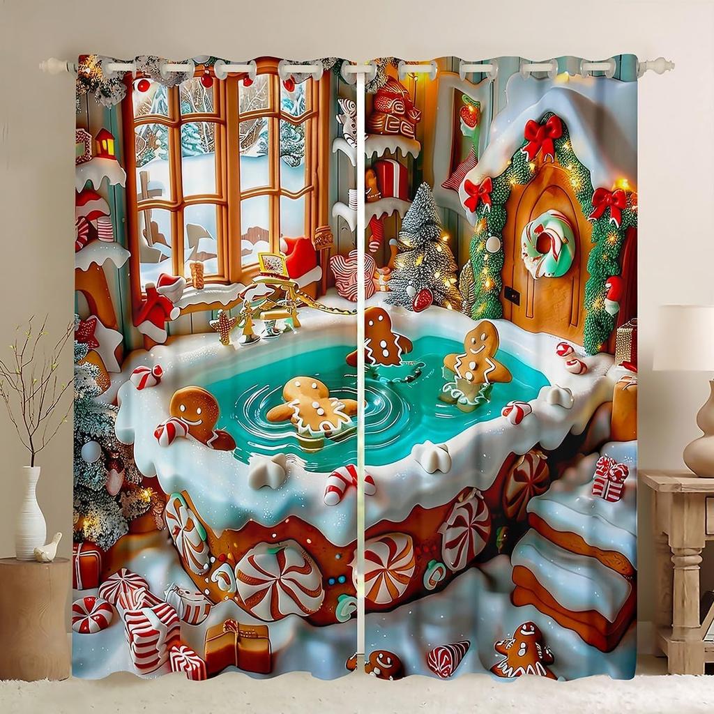 Christmas Gingerbread House Curtain Drapes Xmas Snowflake Window Curtains Kawaii Man Pattern Room Darkening Made Of Polyester