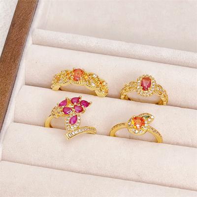 Medieval Hollow Lace Retro Gold Open Ring Colored Treasure Red Zircon Light Luxury Index Finger Ring