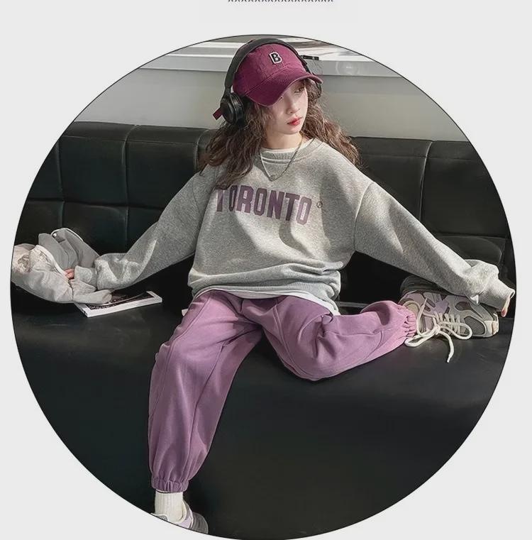 2024 Girls' Stylish Two-Piece Suit: Casual Sweatshirt & Sports Pants for Big Kids