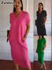 Nuova Moda Estiva da Donna Scollo a V Cotone Lino Manica Corta Spacco Abito Largo per Donne