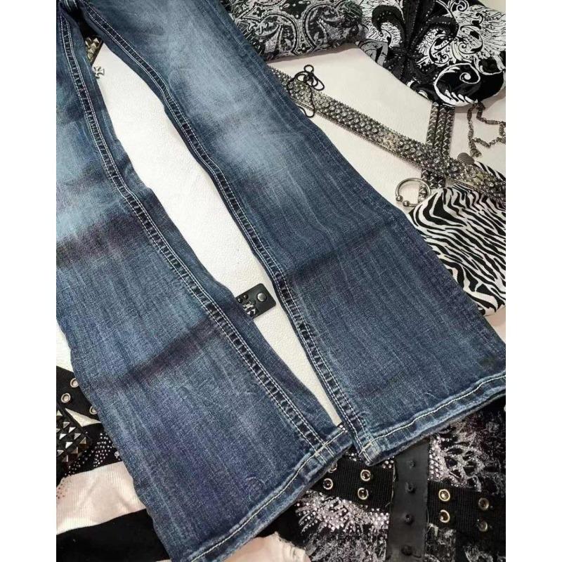 Jeans a Tasca Ricamati con Paillettes Harajuku Retro Blu Larghi Nuovi alla Moda Vita Alta Vestibilità Slim Pantaloni a Zampa