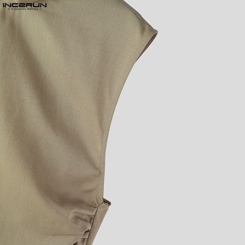 INCERUN Men Stand Collar Sleeveless Elastic Waist Fitted Casual Twisted Tank Tops