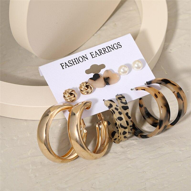 IF ME Trendy Geometirc Gold Round Hoop Earrings Set for Women Big Leopard Resin Hoop Earrings Accessories Jewelry Party