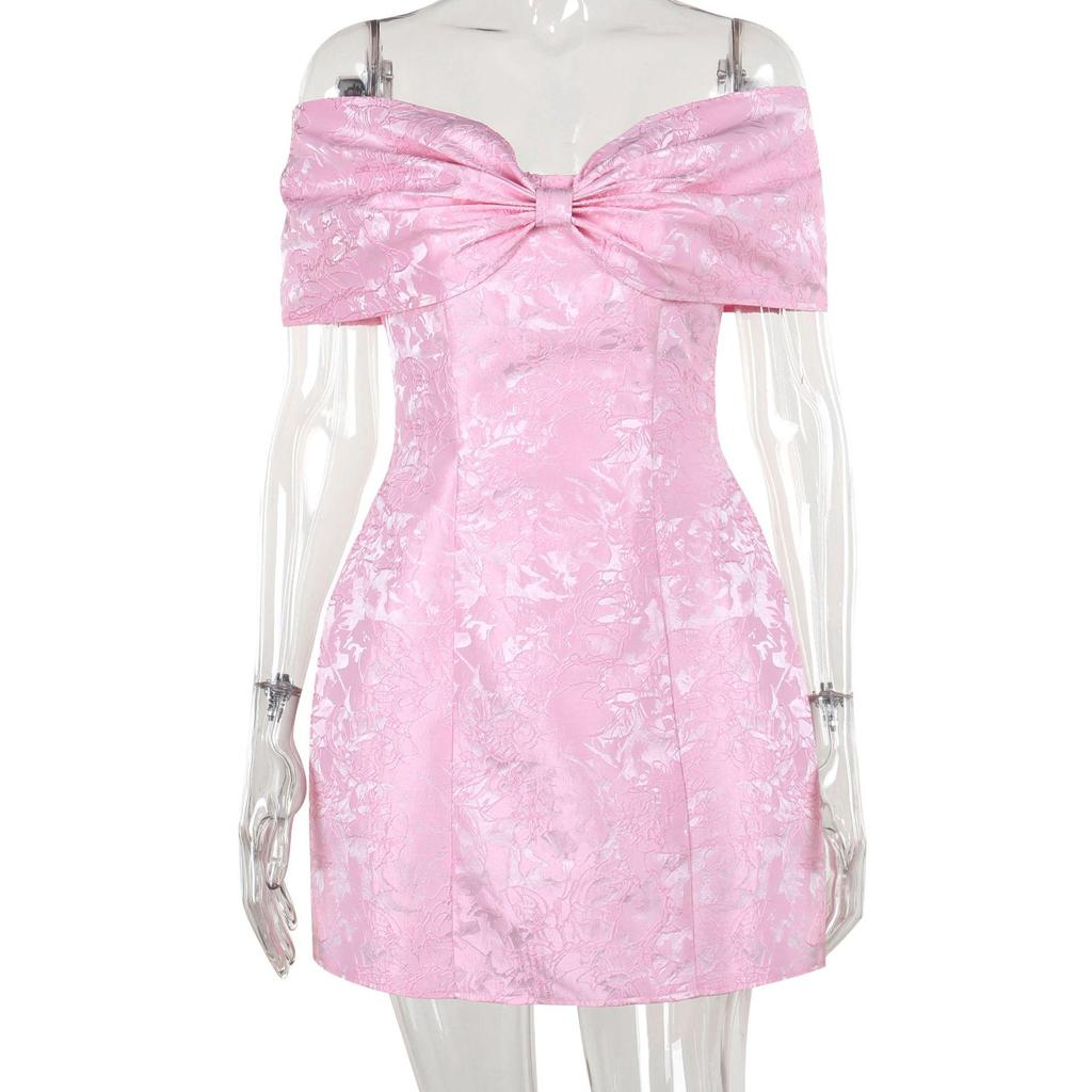 Rochie de damă cu umerii goi și fundă, Colecția de vară 2025 - Sexy, fără bretele, cu fustă scurtă jacquard