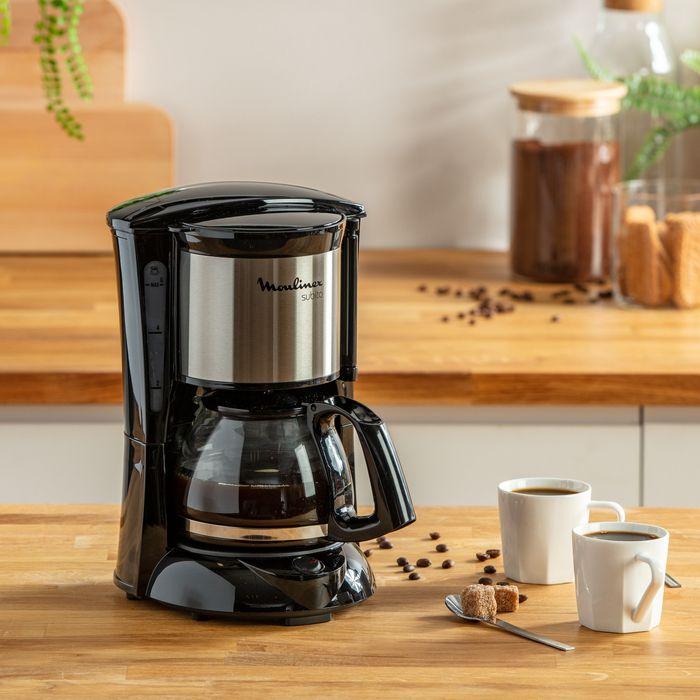 Machine à café filtre noire et inox subito mini de moulinex, maintien au chaud pendant 30 minutes et arrêt automatique