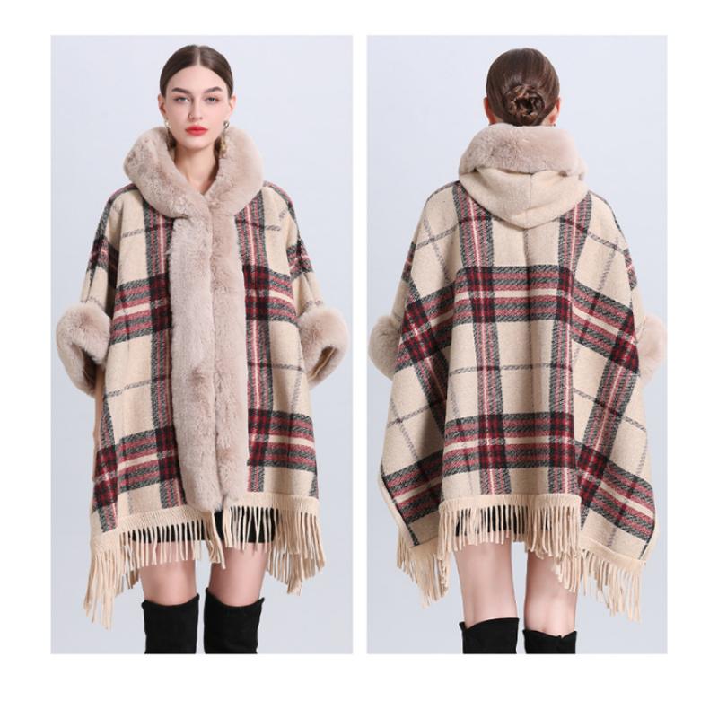 Zimowa damska szalowa kurtka peleryna luźna krata wyściełana zagęszczony futrzany kołnierz dzianinowy tweedowy szal kurtka siedmiopunktowy rękaw z czapką