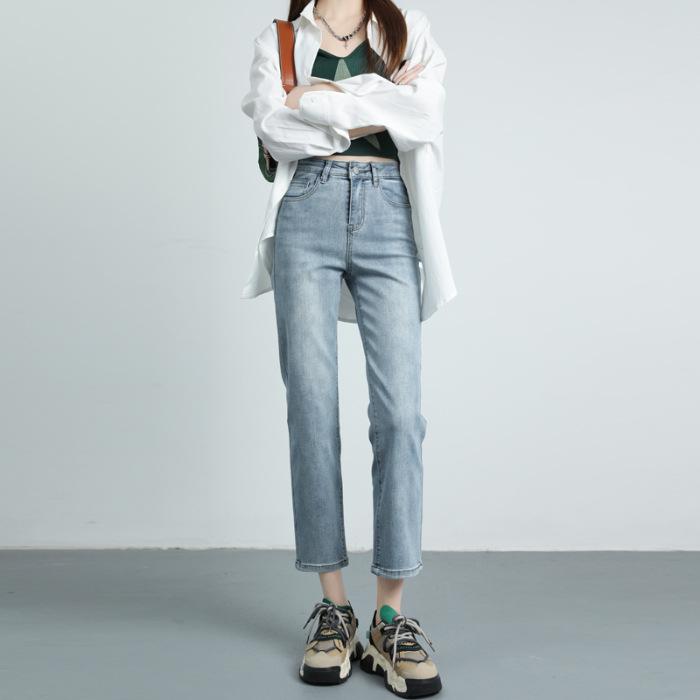 

Прямые джинсы для женщин с высокой талией, облегающие, французский стрейч, брюки длиной девять точек для женщин на осень и зиму, свободные, светло-голубые, ретро-голубые 32