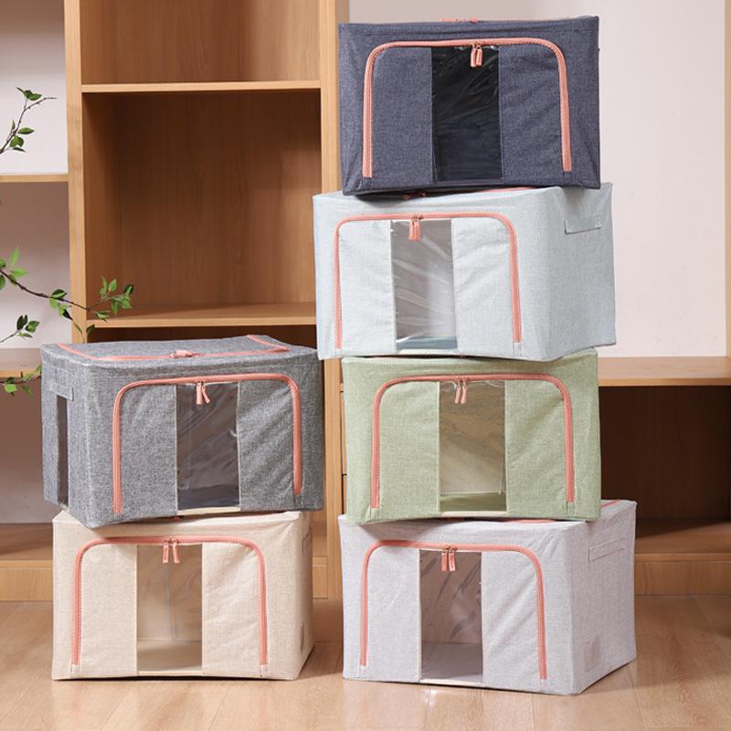 Foldable Cotton Linen Storage Box with Lid - Moisture & Dust-Proof Steel Frame Container