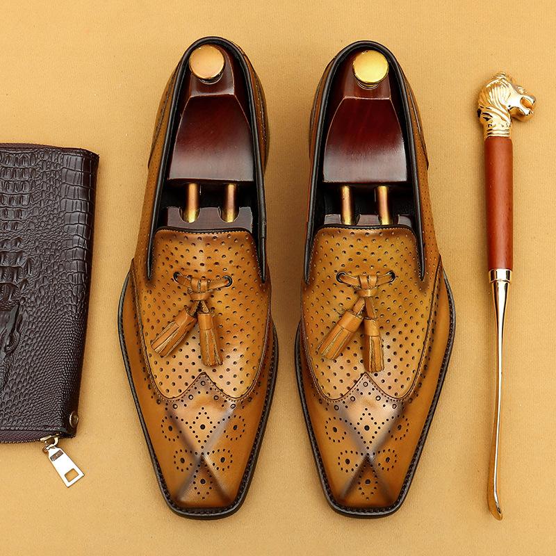 Tassel Loafers Casual Summer Leather Shoes Men'S Hollow Breathable Leather Business Dress Shoes