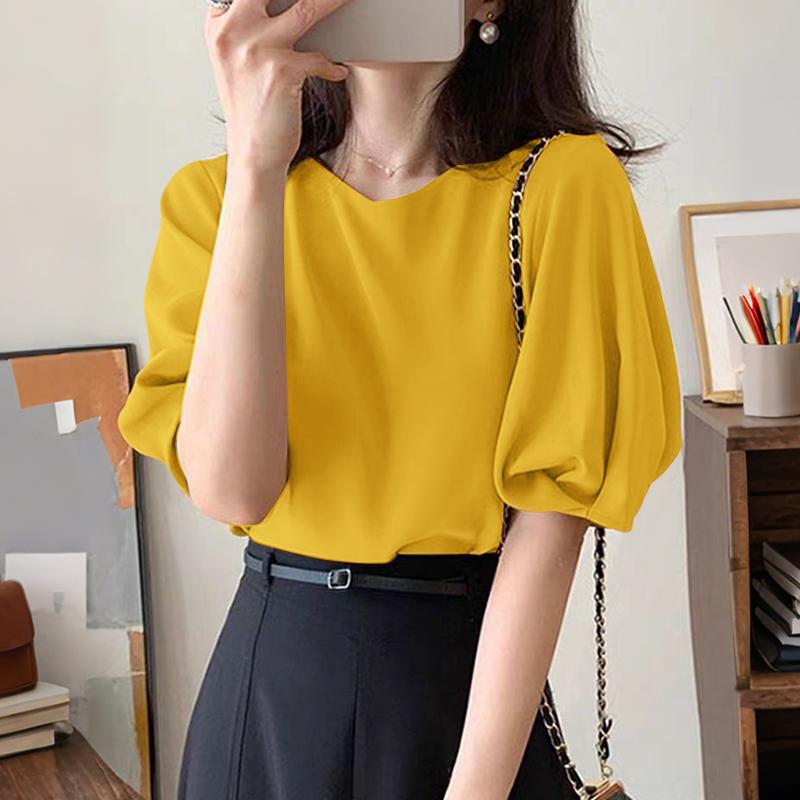 

ZANZEA Жіноча повсякденна однотонна вільна блузка з круглим вирізом і рукавами три чверті 3XL жовтий