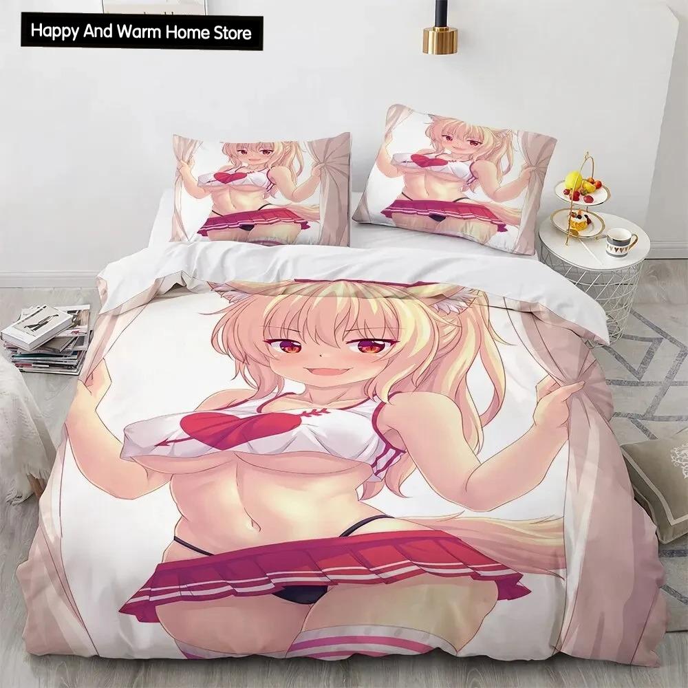 Set de lenjerie de pat pentru fete Kawaii Anime sexy, cuvertură de pilotă Set pat cuvertură husă de pilota pentru fată de pernă, King Queen Twin Size Băieți Fete Adulti