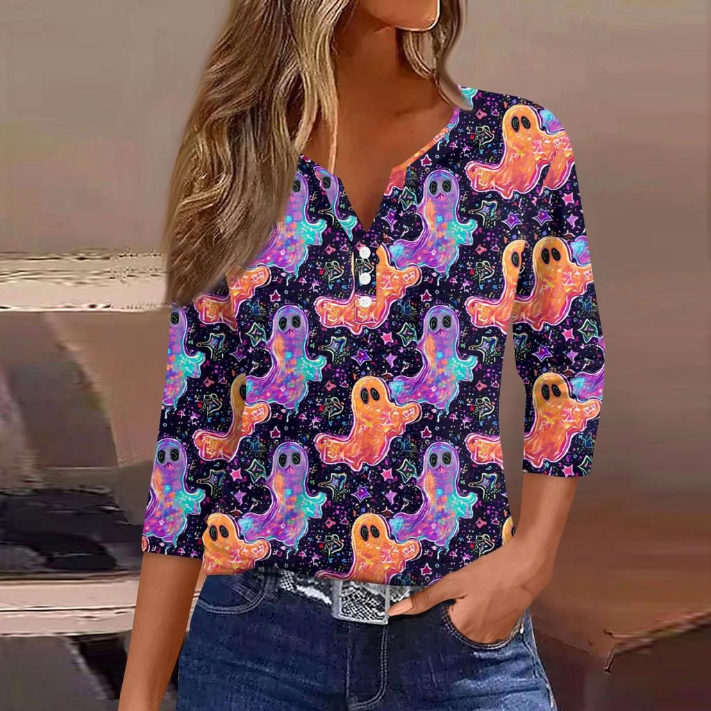 Women's T Shirt Tee Print Button  3/4 SleeveDaily Weekend Fashion Basic V- Neck Regular Top