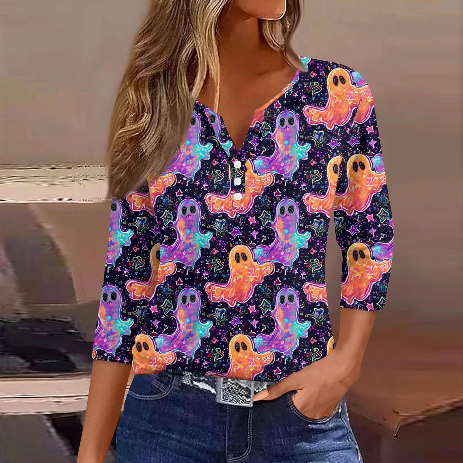 

Жен. Футболка Футболка С принтом Пуговицы Рукав 3/4Ежедневно Выходные Мода Классический Топ с v-образным вырезом Обычный S