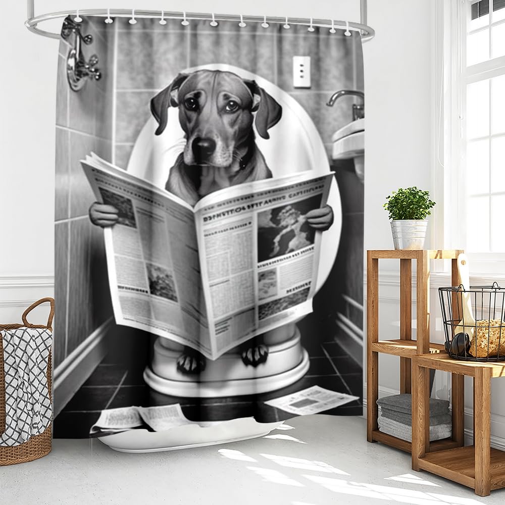Humorous Doberman Toilet Shower Curtain, Doberman Pcher Reading Newspaper On Toilet, Waterproof Fabric Bath Curtain
