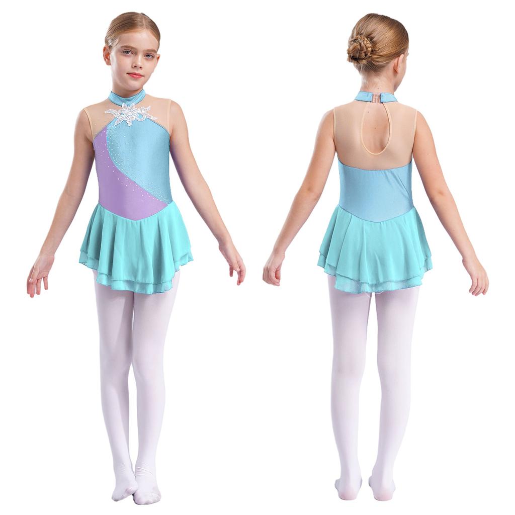 Rhinestone Sequins Figure Ice Skating Dress for Girls Kids Ballet Dance Dress Child Gymnastics Lyrical Dance Dress Costumes