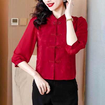 New Chinese Style Red Ladies' Blouse - Slim Fit, Three-Quarter Sleeves, Summer Fashion