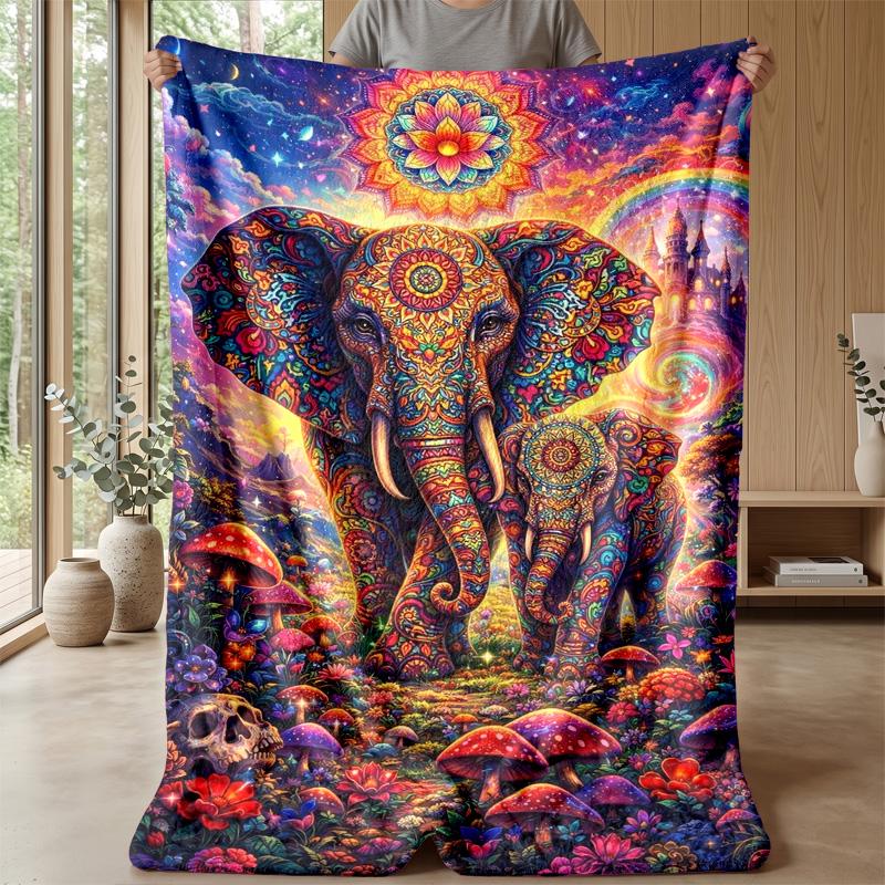 Fantasy Elephants with Mandalas Theme Blanket Lightweight Warm Flannel Blanket Decorative Throw Blanket for Home Decoration