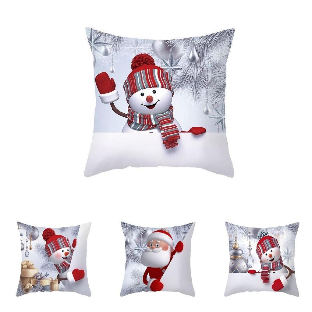 Delightful 18" Christmas Cushion Cover With Santa Claus And Snowman For Festive Sofa Decor