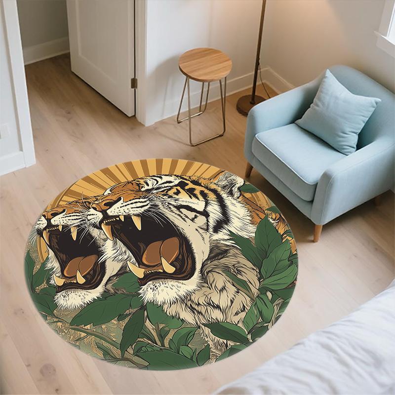 Leaf Tiger,Round Area Rug,Carpet Rug for Living Room Bedroom Sofa Playroom Decor,Non-slip Floor Mat