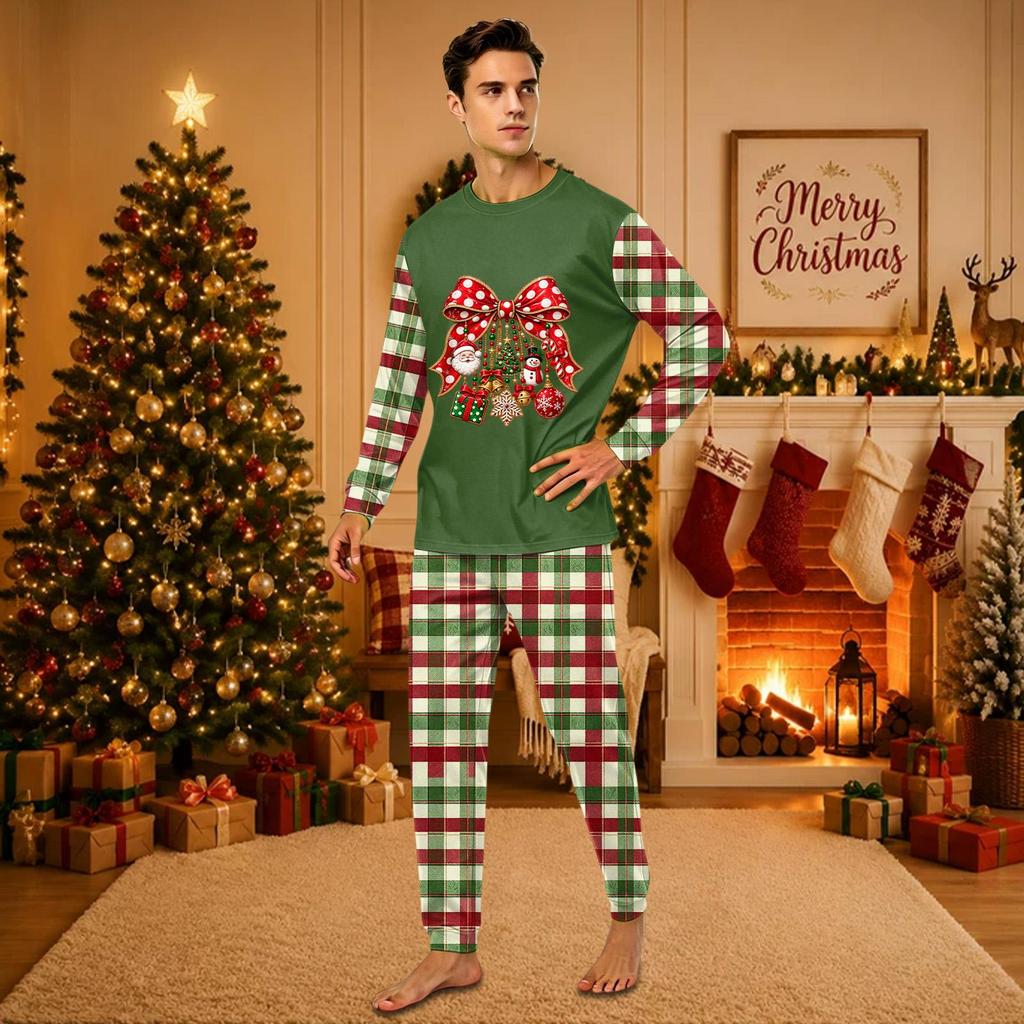 Christmas-print long-sleeve and long-pant matching family loungewear set